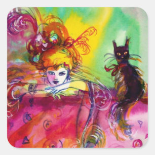 DAM MED BLACK CAT/Venetian Masqueraad Fyrkantigt Klistermärke