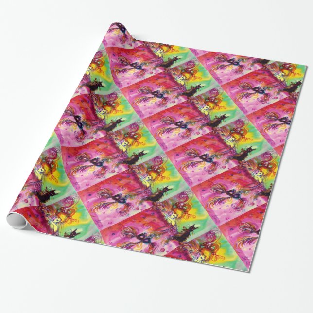 DAM MED BLACK CAT/Venetian Masqueraad Presentpapper (Utrullad)