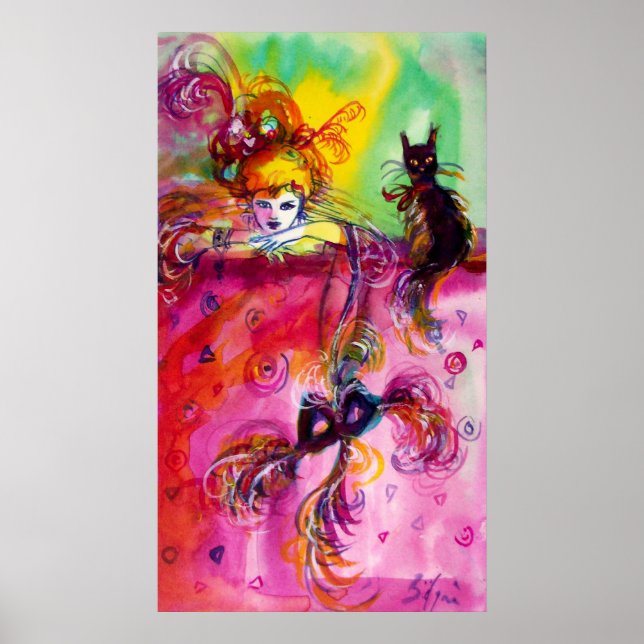 DAM MED BLACK CAT Venetian MasqueraBoll Poster (Framsidan)