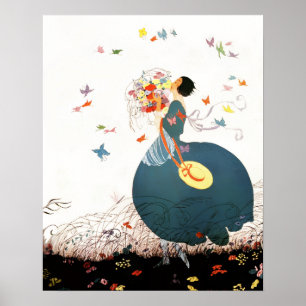 DAM MED BLOMBUKETT OCH FJÄRILAR POSTER