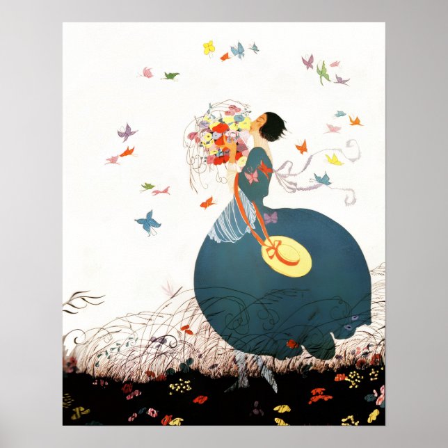 DAM MED BLOMBUKETT OCH FJÄRILAR POSTER (Framsidan)