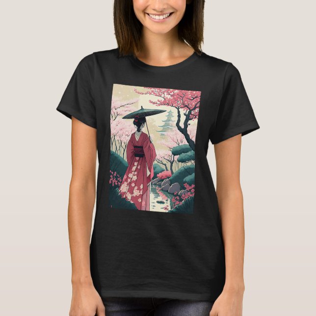 Dam med Blommarna Parbrella cherry Garden Japanska T Shirt (Framsida)