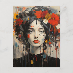 Dam med blommor i hennes hair Grunge Beauty Vykort