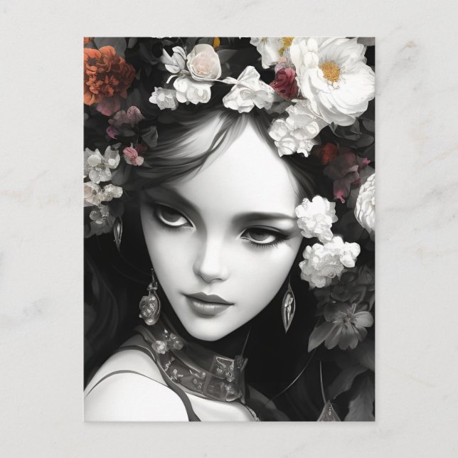 Dam med blommor i hennes hakvykort vykort (Framsida)