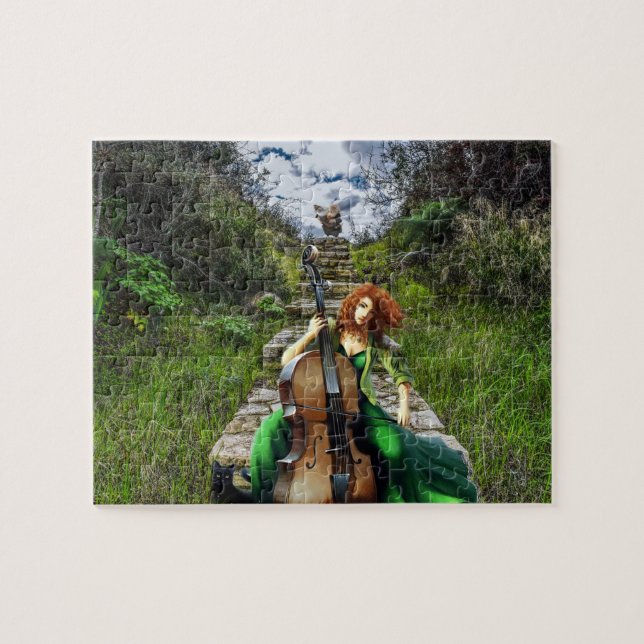 DAM MED CELLO FANTASY NATURE ART PUSSEL (Horisontell)
