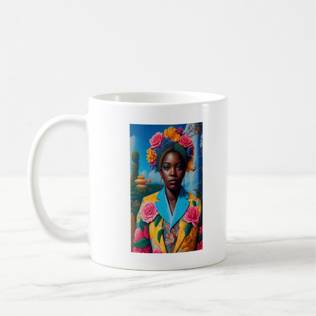 Dam med en blommig kavaj kaffemugg (Vänster)