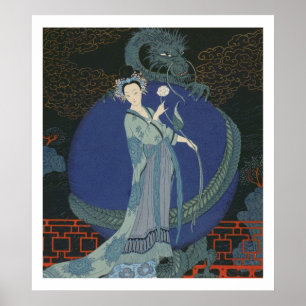 Dam med en drake (färg litho) poster