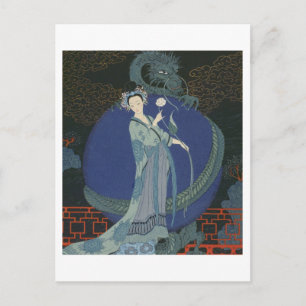 Dam med en drake (färg litho) vykort