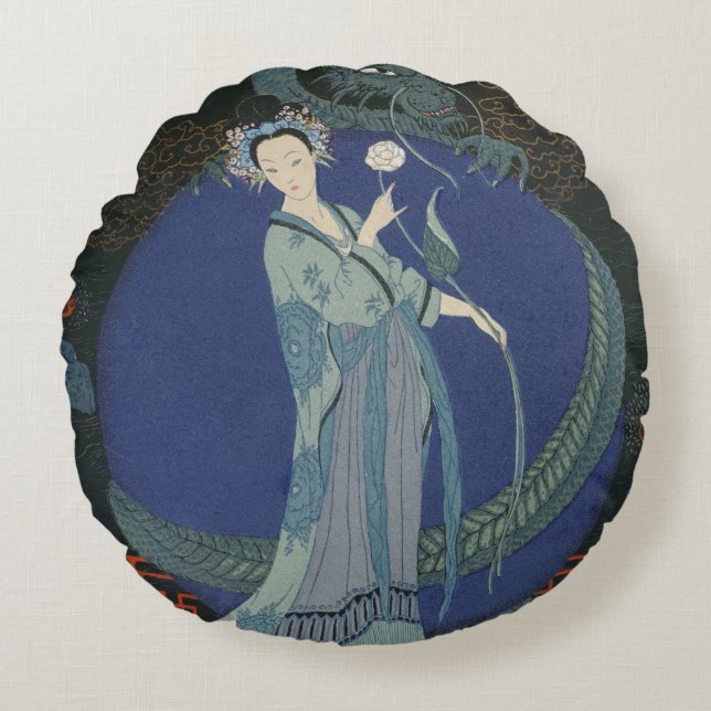 Dam med en drake (färglithoen) rund kudde (Framsidan)