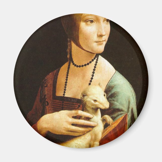 Dam med en Ermine av Leonardo Da Vinci c. 1490 Magnet (Framsidan)