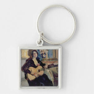 Dam med en gitarr, 1911 fyrkantig silverfärgad nyckelring