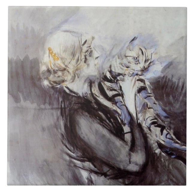 Dam med en grå katt (av Giovanni Boldini) Kakelplatta (Framsidan)