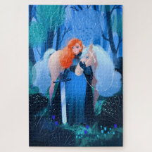 Dam med ett ord och en vit häst