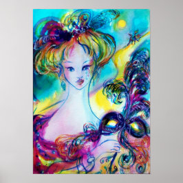 DAM MED FEATHERED MASK Venetian Masqueranatten Poster