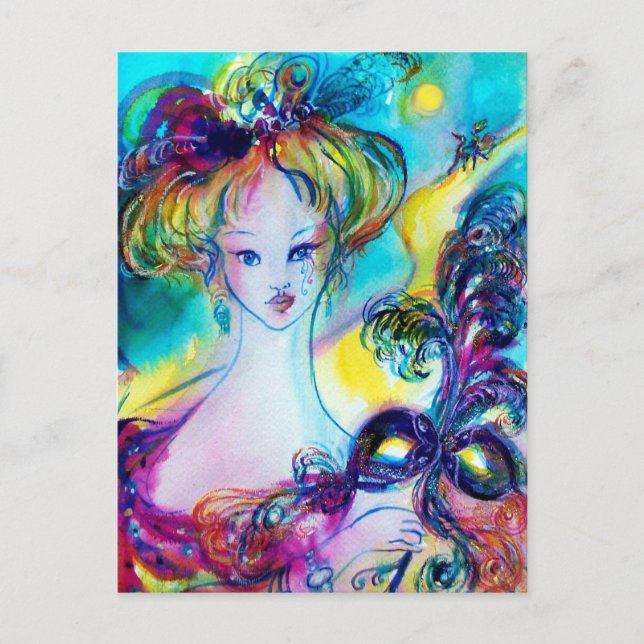 DAM MED FEATHERED MASK Venetian Masqueranatten Vykort (Framsida)