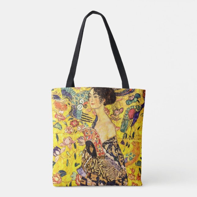 Dam med Fläkt av Gustav Klimt Tygkasse (Baksida)