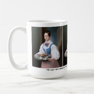 Dam med frukost på ett fack kaffemugg