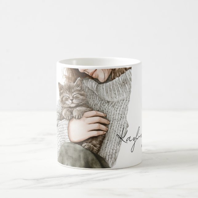 Dam med grå katt kaffemugg (Center)
