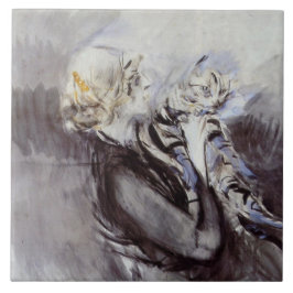 Dam med Grått Cat (av Giovanni Boldini) Kakelplatta
