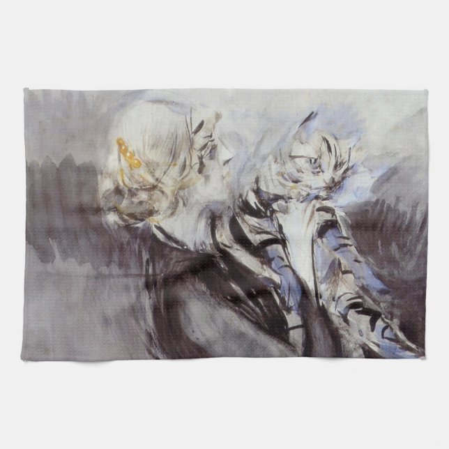 Dam med Grått Cat (av Giovanni Boldini) Kökshandduk (Horisontell)