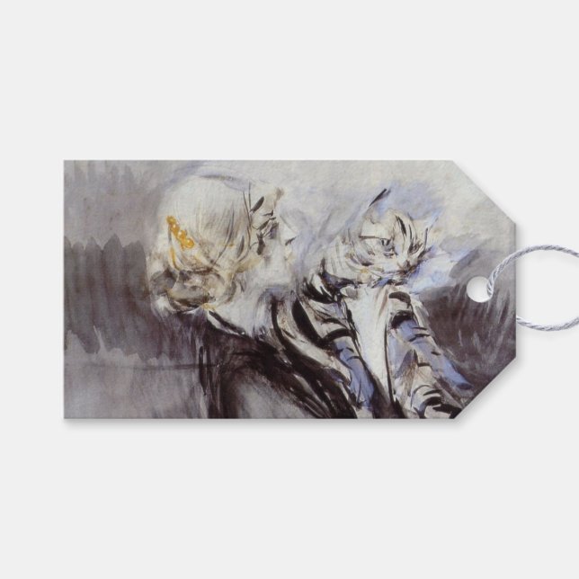 Dam med Grått Cat (av Giovanni Boldini) Presentetikett (Framsidan (Horisontell))