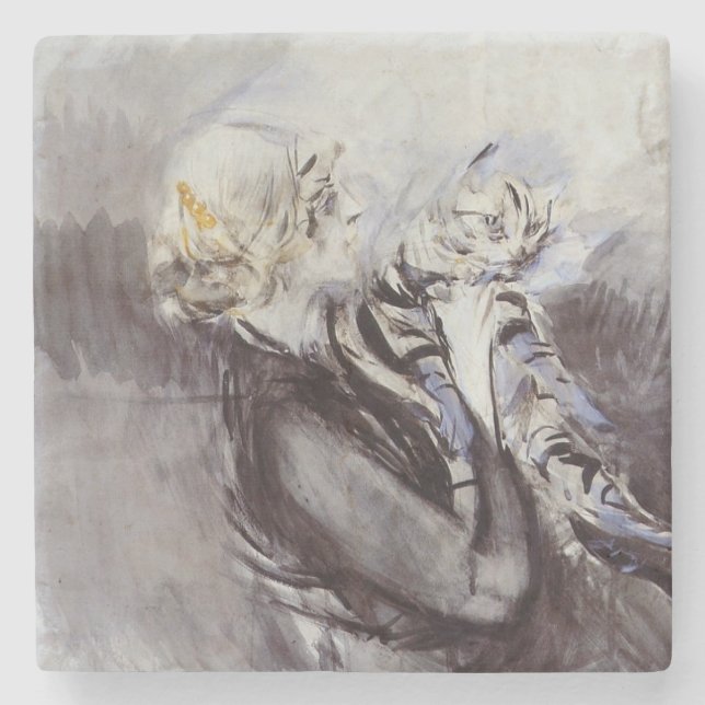 Dam med Grått Cat (av Giovanni Boldini) Stenunderlägg (Framsidan)