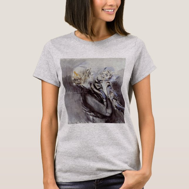 Dam med Grått Cat (av Giovanni Boldini) T Shirt (Framsida)