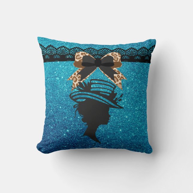 Dam med Hat-Royalet Blue Faux Glitter Dekorativ ku Kudde (Framsida)
