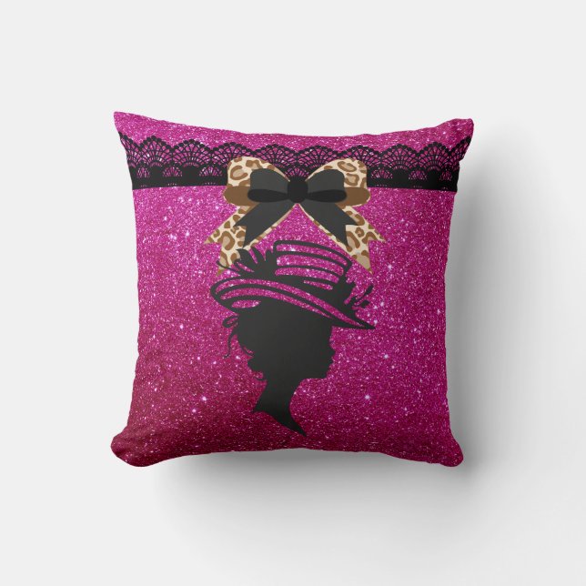 Dam med Hat Shock rosa Faux Glitter Dekorativ kudd Kudde (Framsida)
