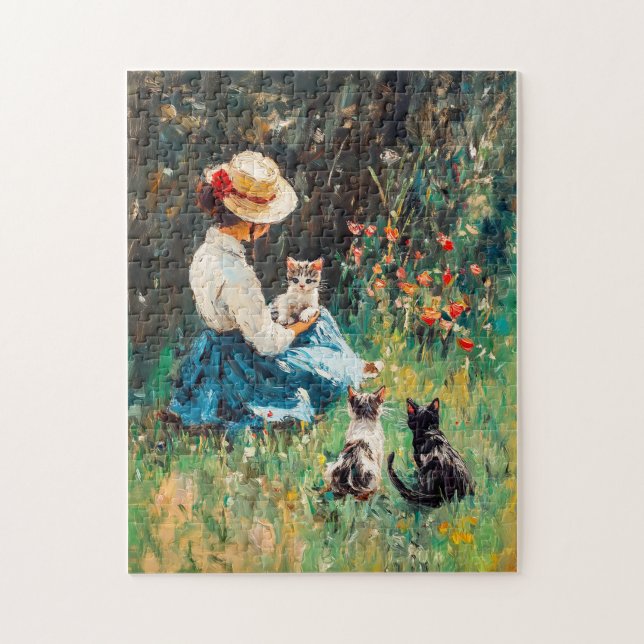 Dam med hatt som leker med kattungar i gräset pussel (Vertikal)