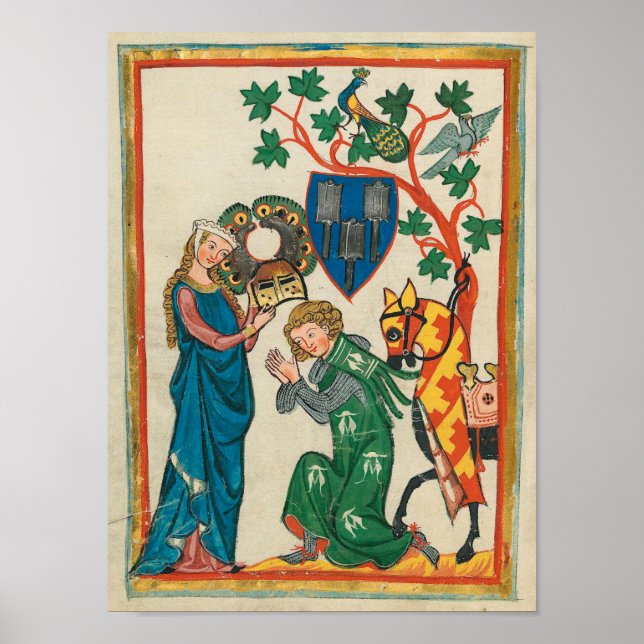 Dam med Knight, 1400-talet Medieval Manuscript Poster (Framsidan)