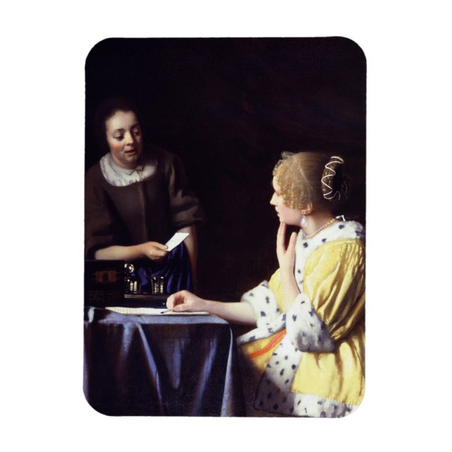 Dam med Maidservant Holding Brev av Vermeer Magnet (Vertikal)