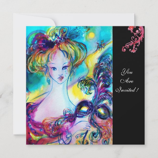 DAM MED MASK / Venetian Masquerauppad Boll,svart Inbjudningar (Framsida)