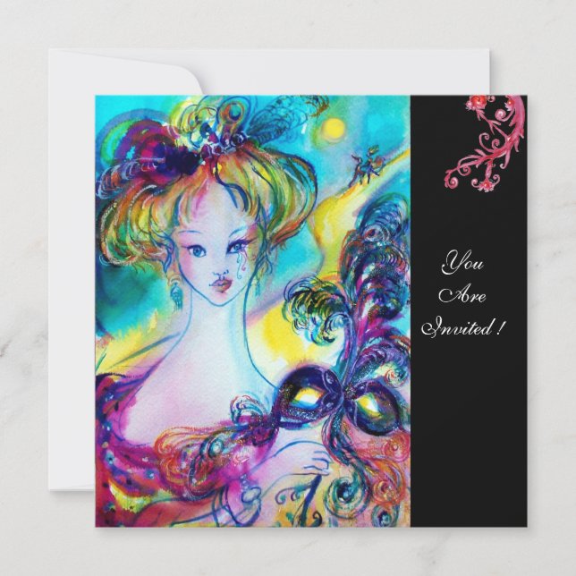 DAM MED MASK / Venetiansk Maskeradbal,svart Inbjudningar (Framsida)