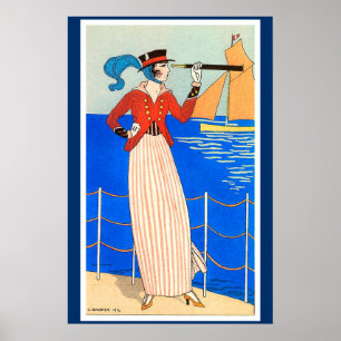 DAM MED MONOKEL ART DECO NAUTISK MODISKÖN HET POSTER