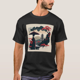 Dam med paraplyröd bonsai träd japansk pagda t shirt