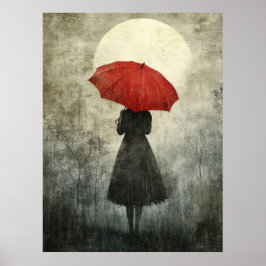 Dam med Red Paraplla - Surreal Silhouette Art Poster