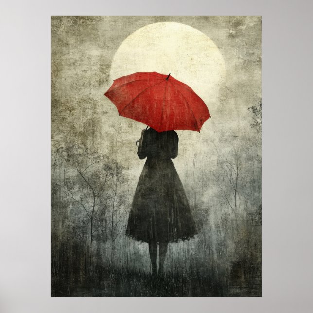 Dam med Red Paraplla - Surreal Silhouette Art Poster (Framsidan)