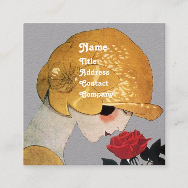 DAM MED RÖD ROS BEAUTY MODE COSTUME Grått Fyrkantigt Visitkort (Framsida)