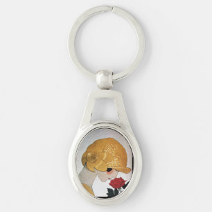 DAM MED RÖD ROS Beauty Mode Ovalt Silverfärgad Nyckelring