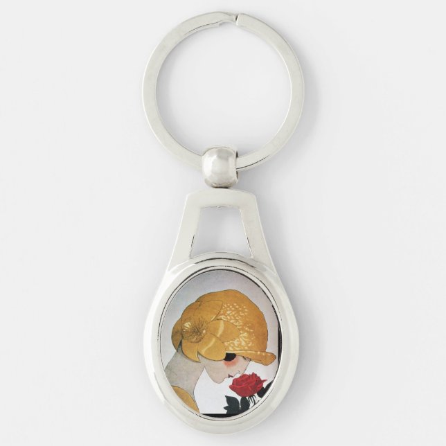 DAM MED RÖD ROS Beauty Mode Ovalt Silverfärgad Nyckelring (Framsidan)