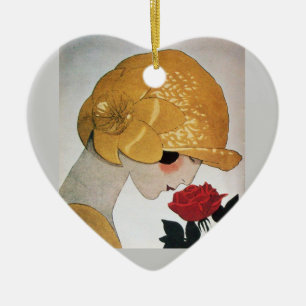 DAM MED RÖD ROS HEART JULGRANSPRYDNAD KERAMIK