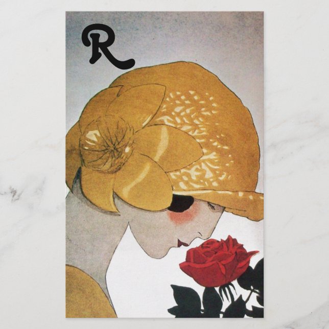 DAM MED RÖD ROS MONOGRAM BREVPAPPER (Framsida)