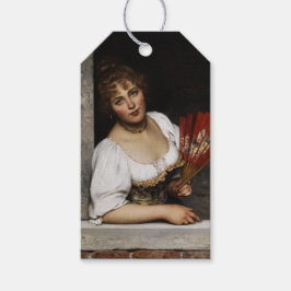 Dam med Röda Fläkt (av Eugene de Blaas) Presentetikett