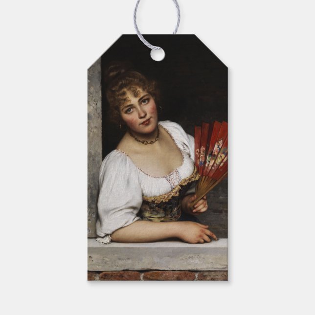 Dam med Röda Fläkt (av Eugene de Blaas) Presentetikett (Framsidan)