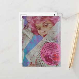 Dam med rosa hår blandteknik collage vykort