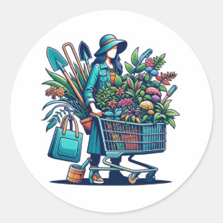 Dam med Shopping Cart fullt of Plants Runt Klistermärke
