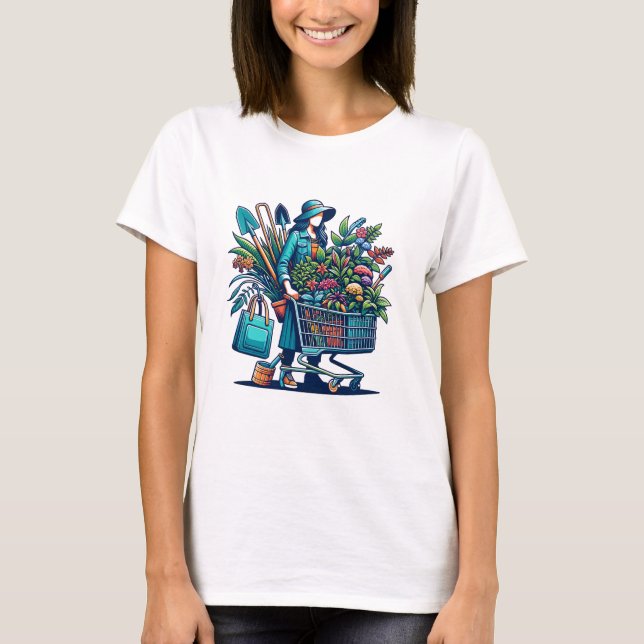 Dam med Shopping Cart fullt of Plants T Shirt (Framsida)