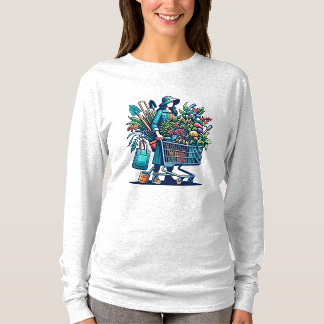 Dam med Shopping Cart fullt of Plants T Shirt (Framsida)