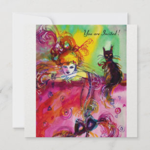 DAM MED SVART KATT /Mardi Gras Maskeradfest Inbjudningar